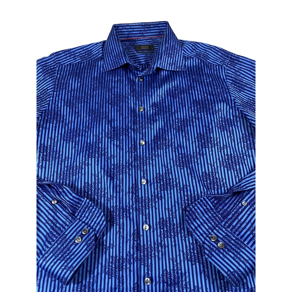 Eton Contemporary Fit Blue Striped Floral Jacquard Dress Shirt Mens 17.5 44